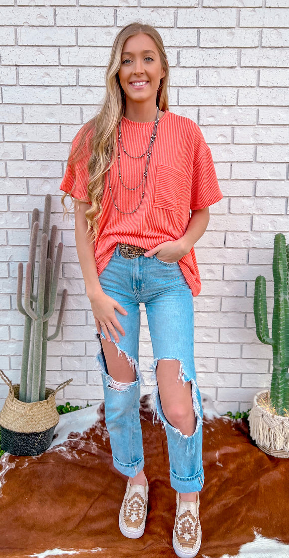 Ribbed Oversized Front Pocket Top- Coral