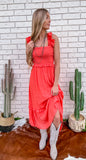 Orange Ruffle Sleeve Tiered Midi Dress