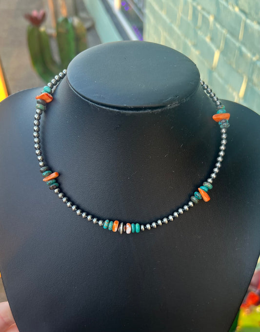 14-Inch Spiny Oyster & Turquoise Necklace with Sterling Silver Pearls