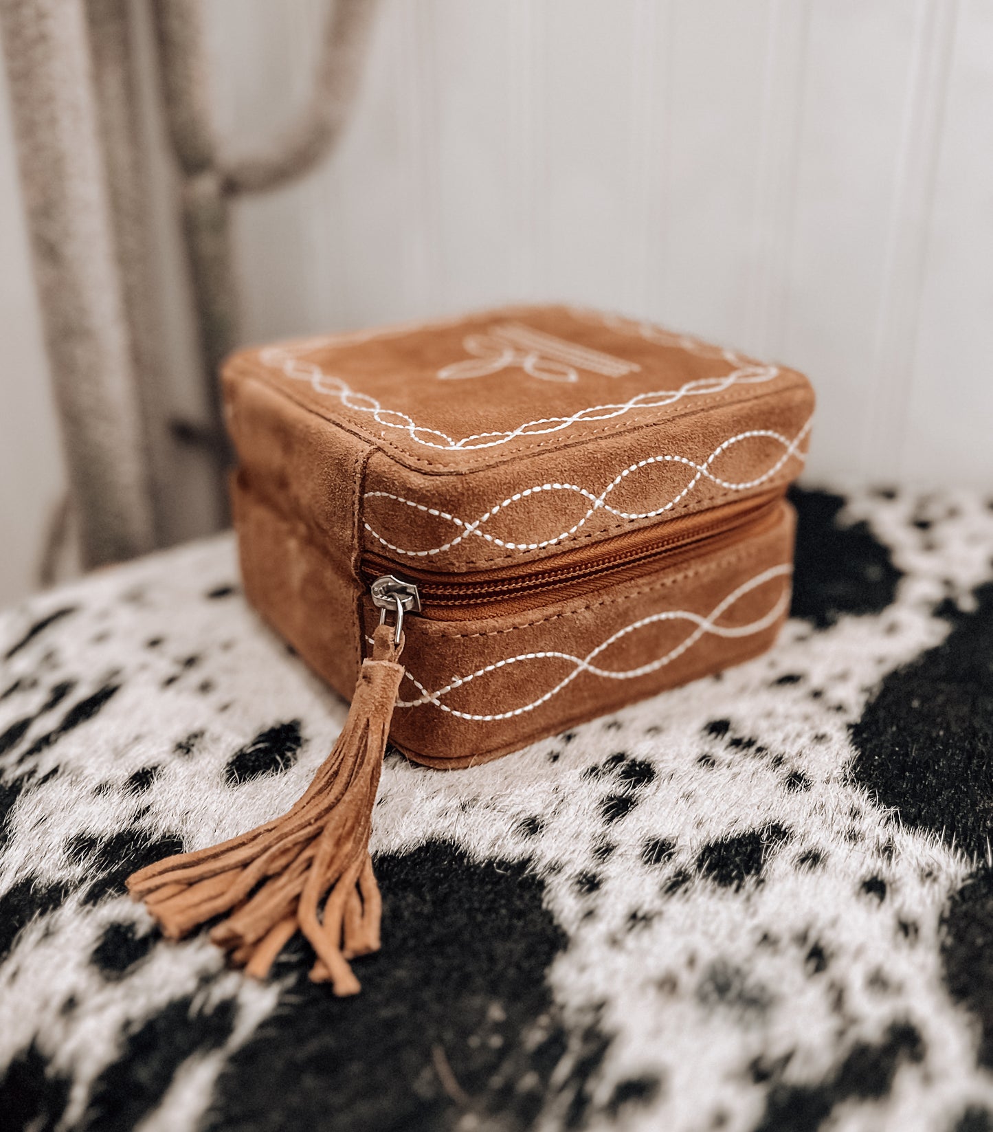 Tan Boot Stitch Square Jewelry Box