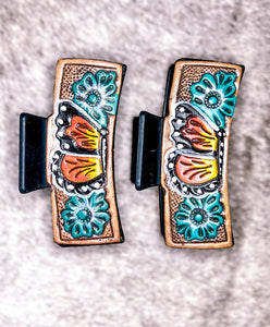 Butterfly Tooled Leather Claw Clip