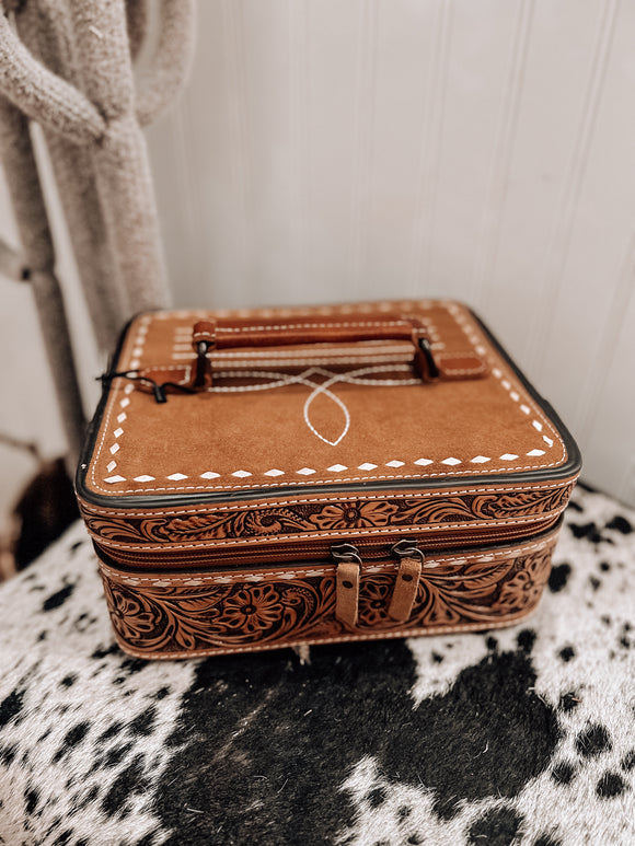 Tooled Leather Boot Stitch Jewelry Box *Tan