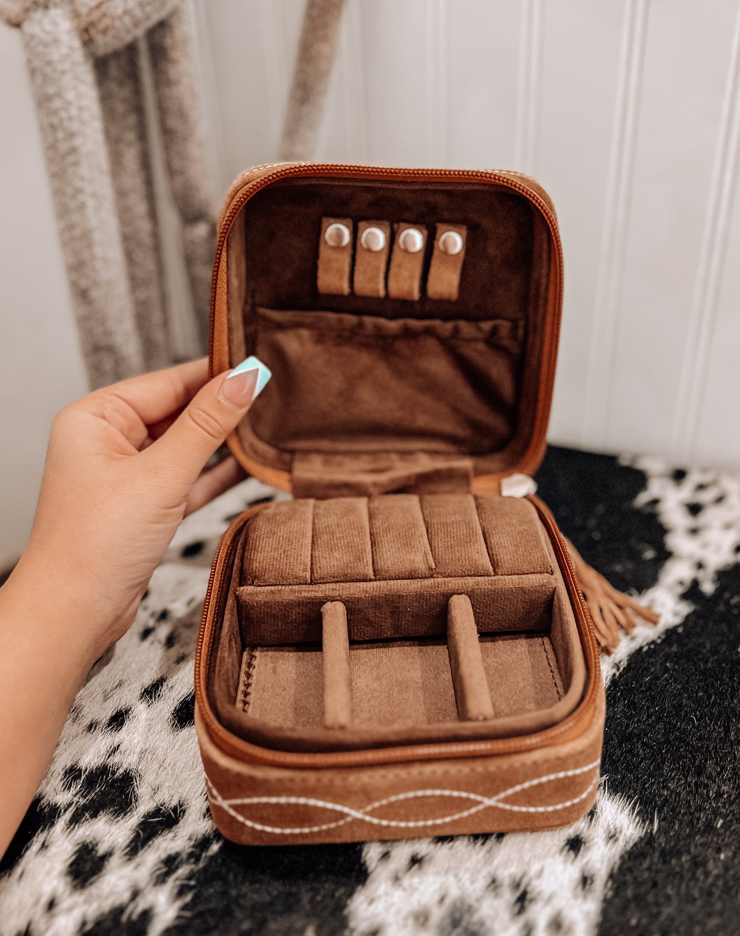 Tan Boot Stitch Square Jewelry Box