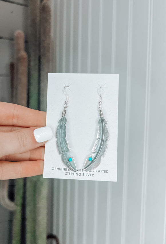 Authentic Silver and Turquoise Feather Earrings