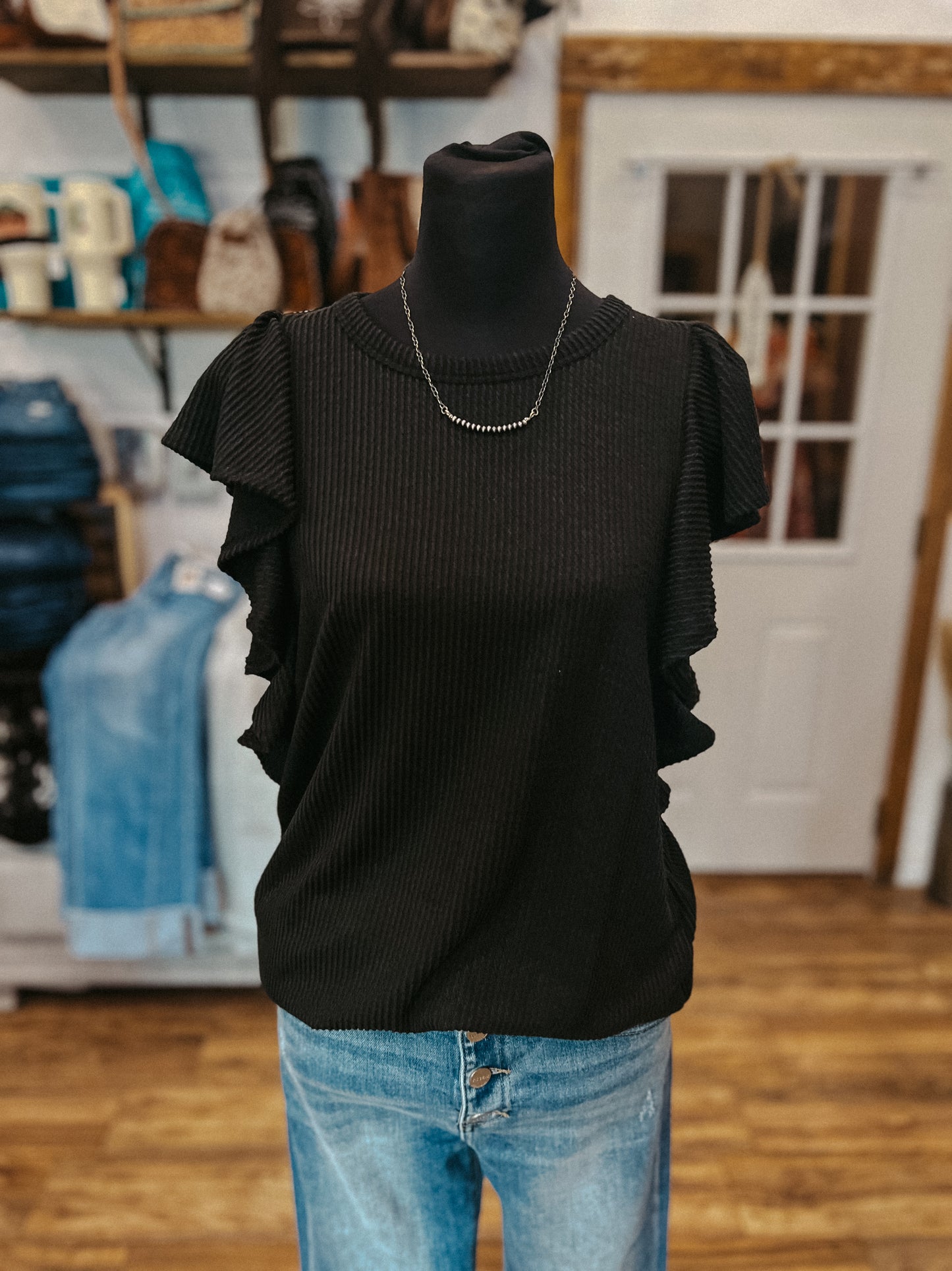 The Josie Ruffle Sleeve Ribbed Top *Black