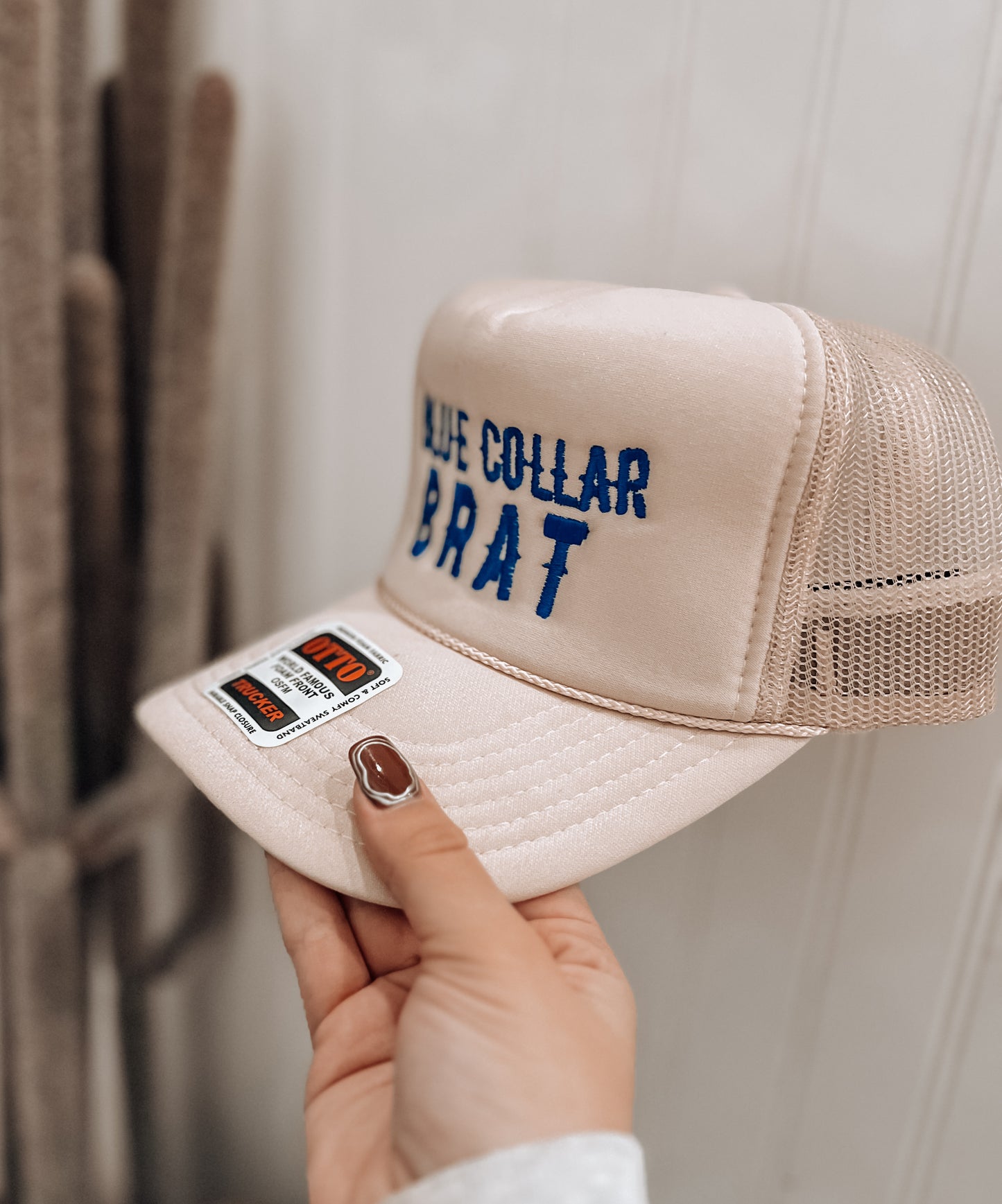 Blue Collar Brat Trucker Hat- Tan & Blue
