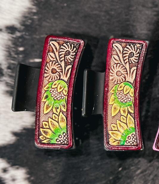 Sunflower Tooled Leather Claw Clip