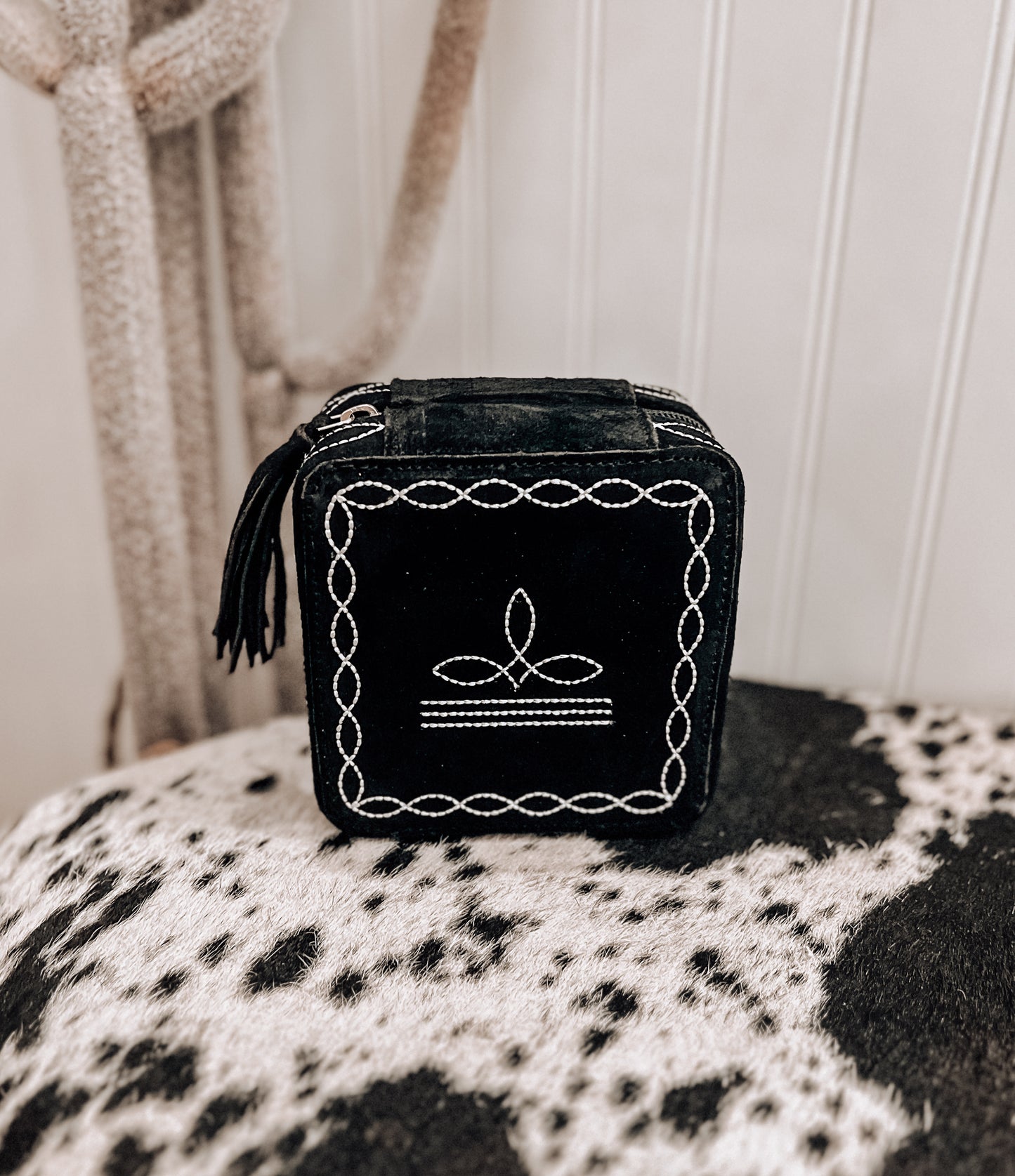 Black Boot Stitch Square Jewelry Box