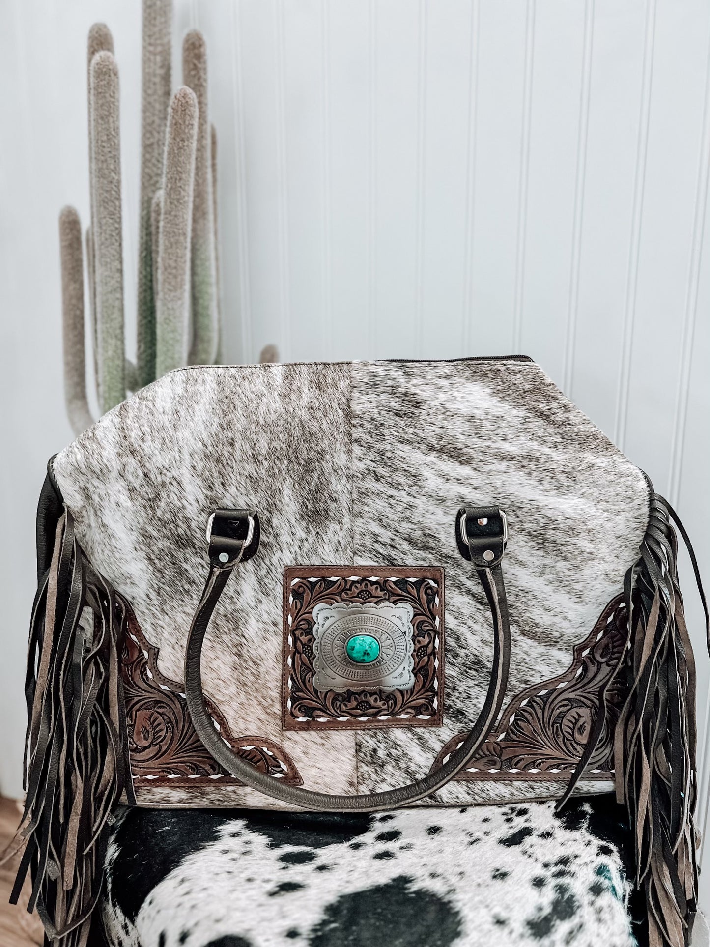 Cowhide & Tooled Leather Duffel Bag