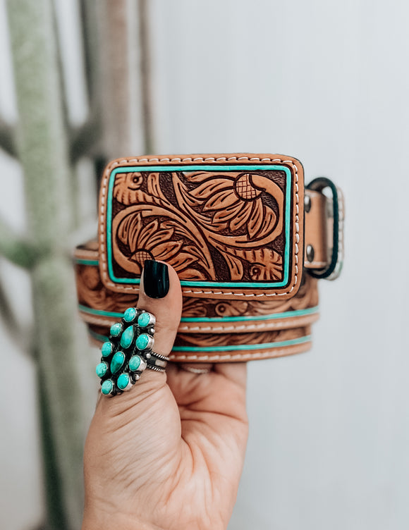 The Allie Tooled Belt with Tooled Belt Buckle