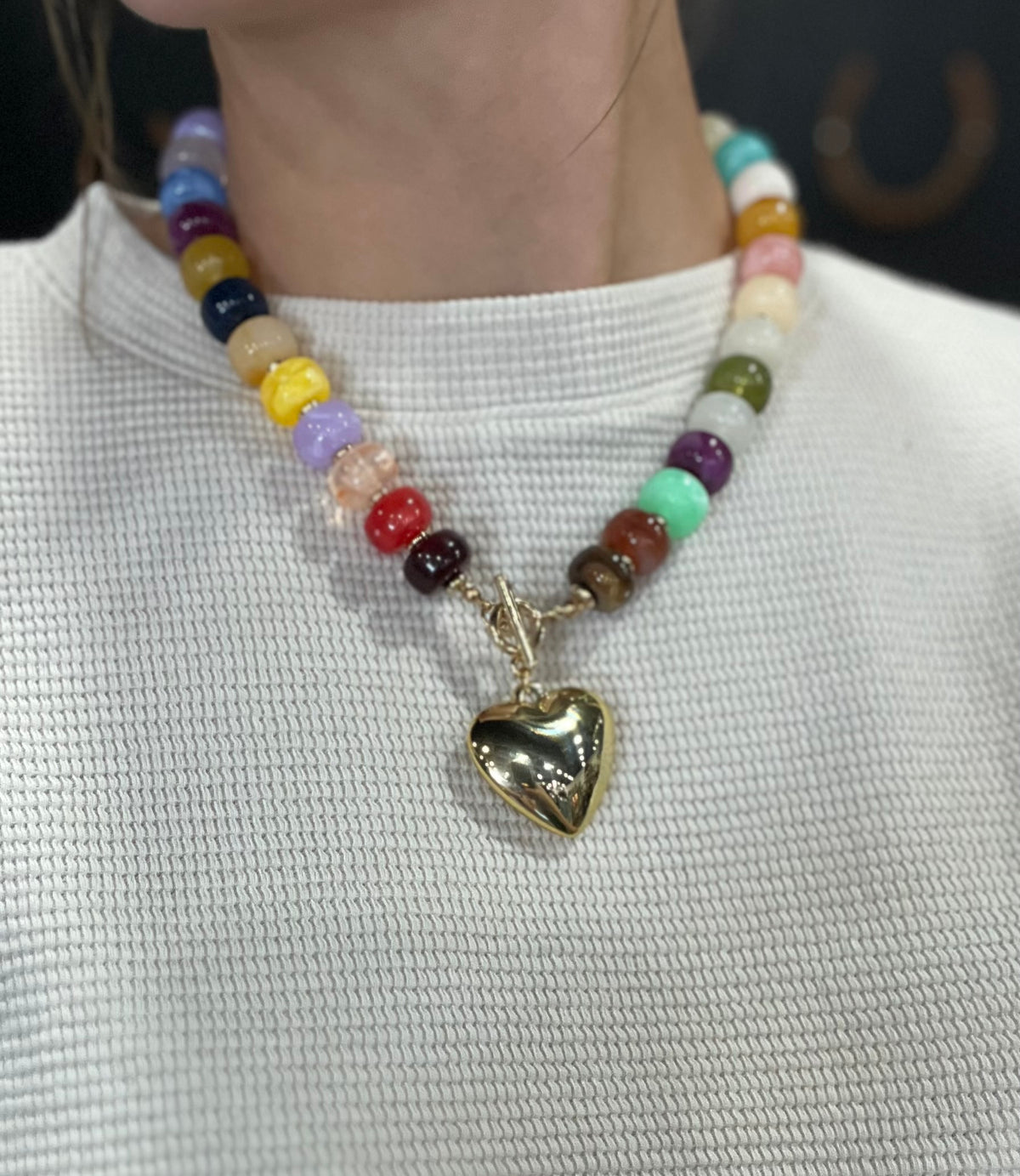Multi Beaded Heart Charm Toggle Necklace
