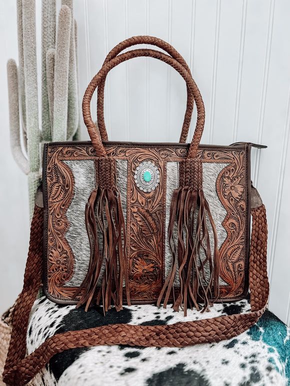 Tooled Leather & Cowhide With Fringe Laptop Bag