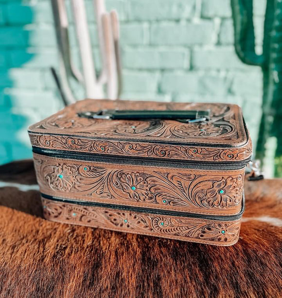 Tooled Leather 2 Tier Travel Jewelry Case