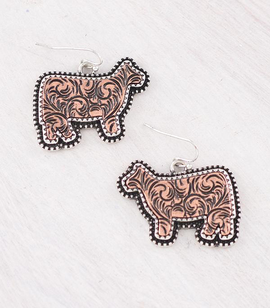 Cow Tooled Look 2 Tone Earrings