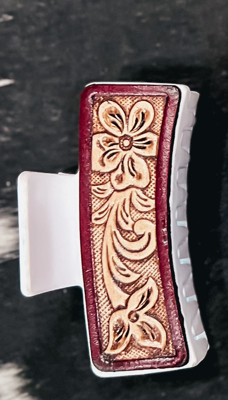 Floral Tooled Leather Claw Clip