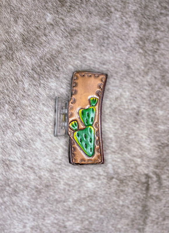 Bunny Ear Cactus Tooled Leather Claw Clip