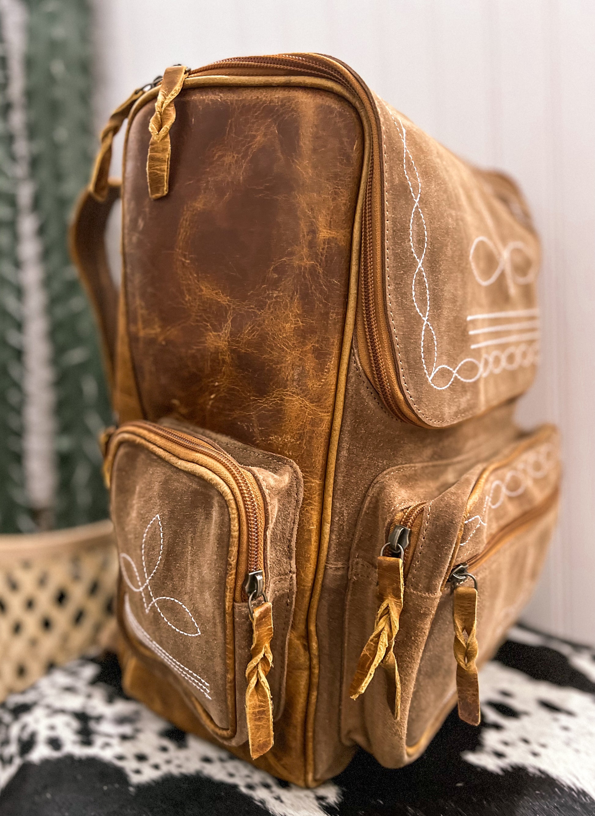 backpack with leather boot Boot Stitch Leather Backpack *Light Brown