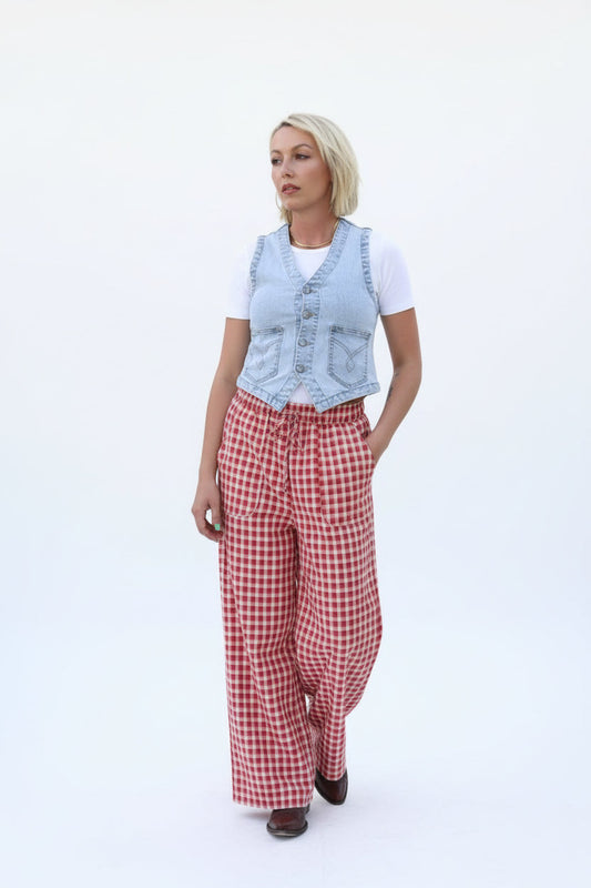Red Gingham Wide-Leg Pants