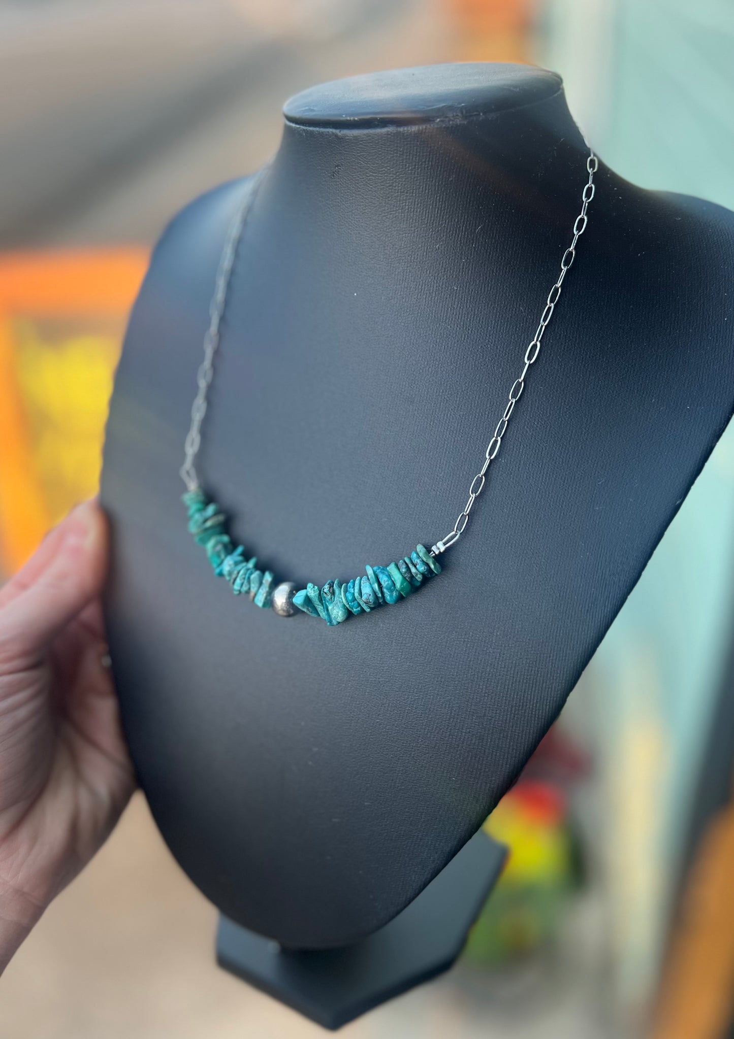 Green Turquoise Chip with Sterling Silver Pearl Necklace