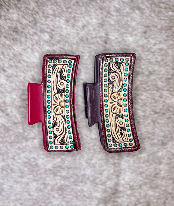 Turquoise Border Scroll Tooled Leather Claw Clip