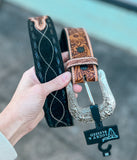Black Suede Buckstitch Tooled Leather Belt
