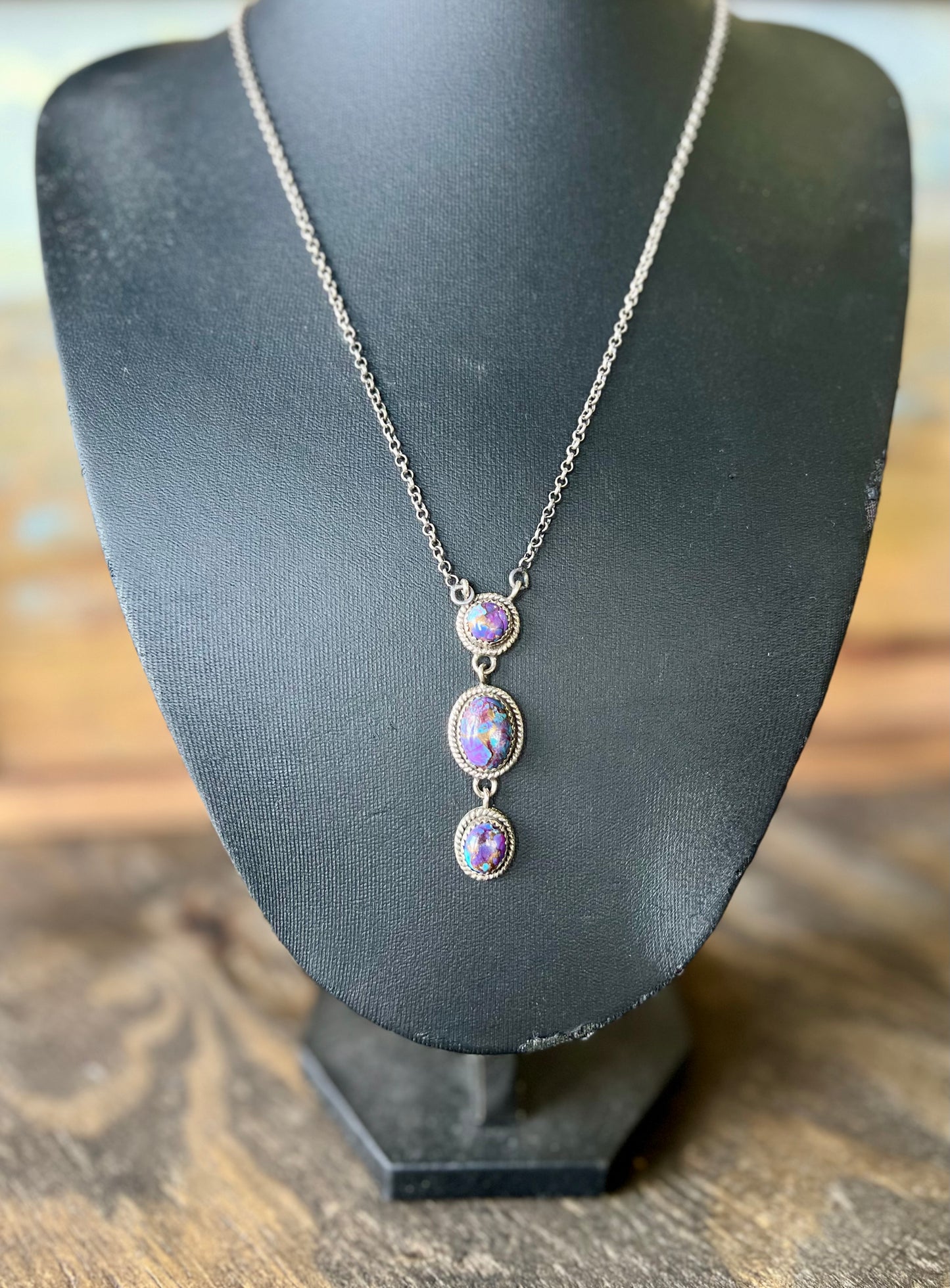 Purple Mojave 3 Stone Drop Necklace