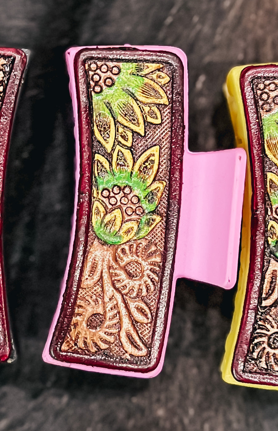 Sunflower Tooled Leather Claw Clip