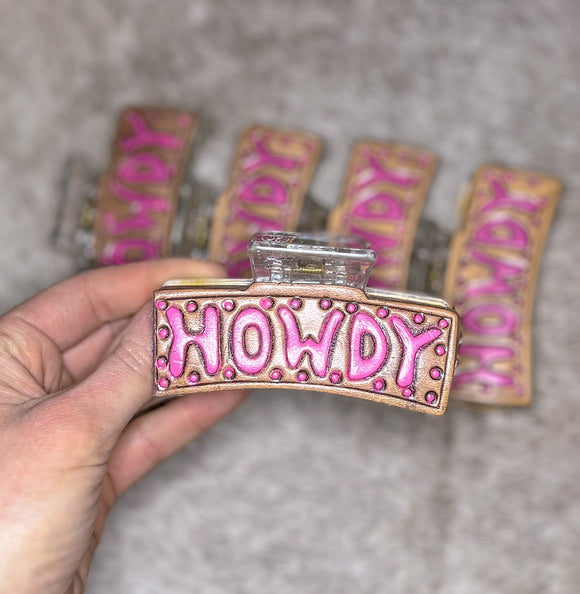 Pink Howdy Tooled Leather Claw Clip