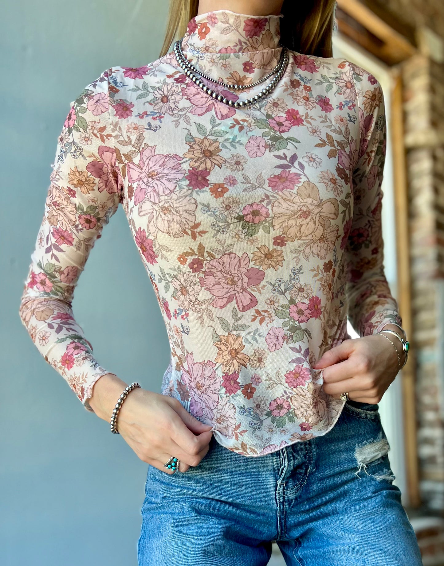 Clay Rose Floral Mesh Long Sleeve