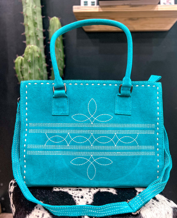 Turquoise Boot Stitch Tote Purse Crossbody
