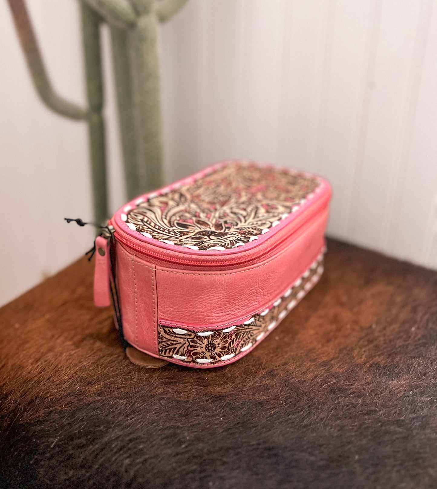 Pink Tooled Leather Make Up Bag