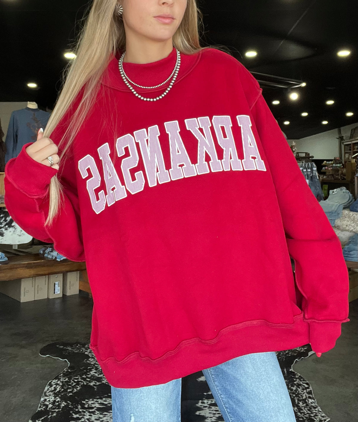 Arkansas Striped Mock Neck Sweatshirt *Crimson