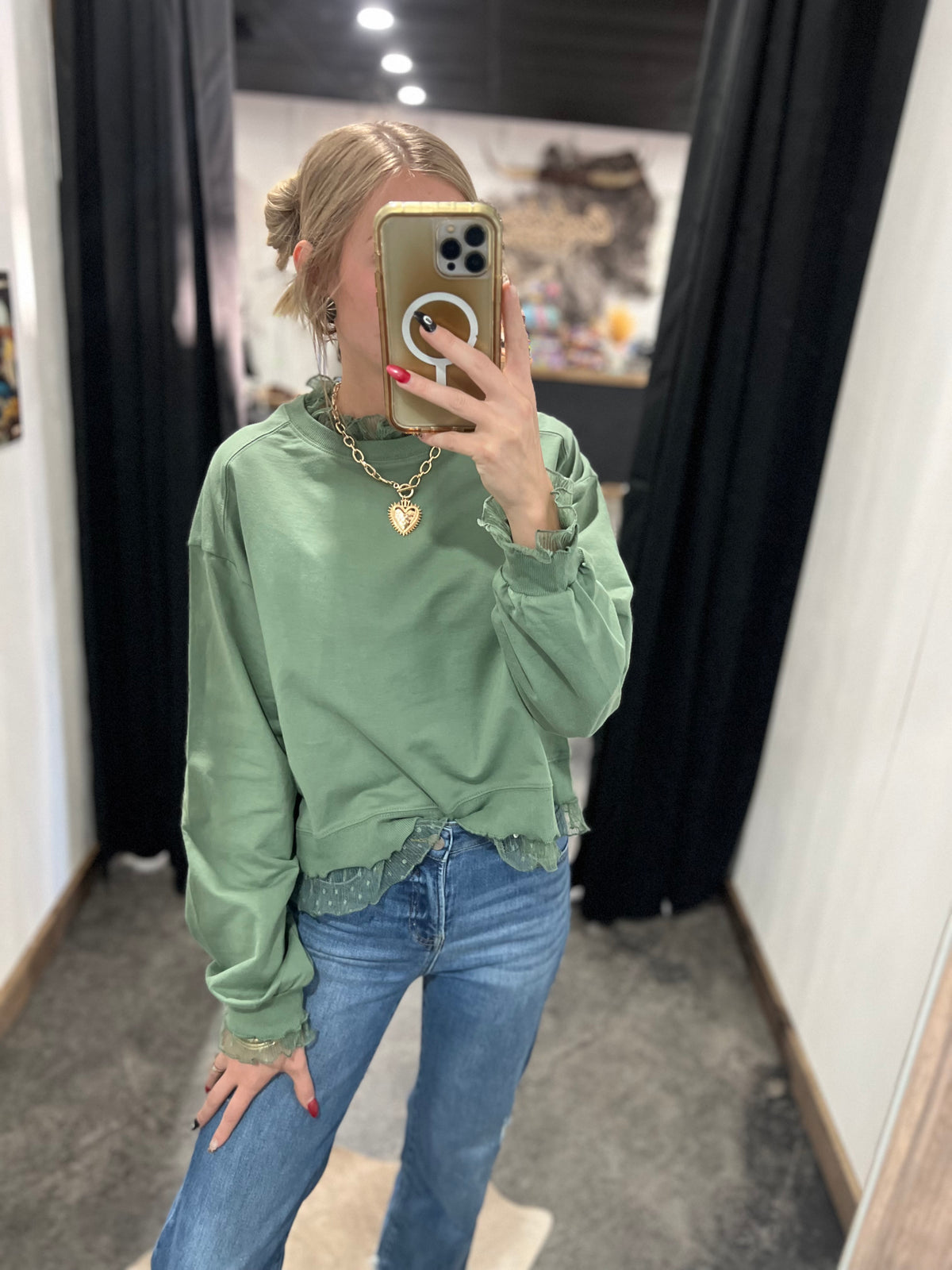 Olive Lace Trim Sweatshirt