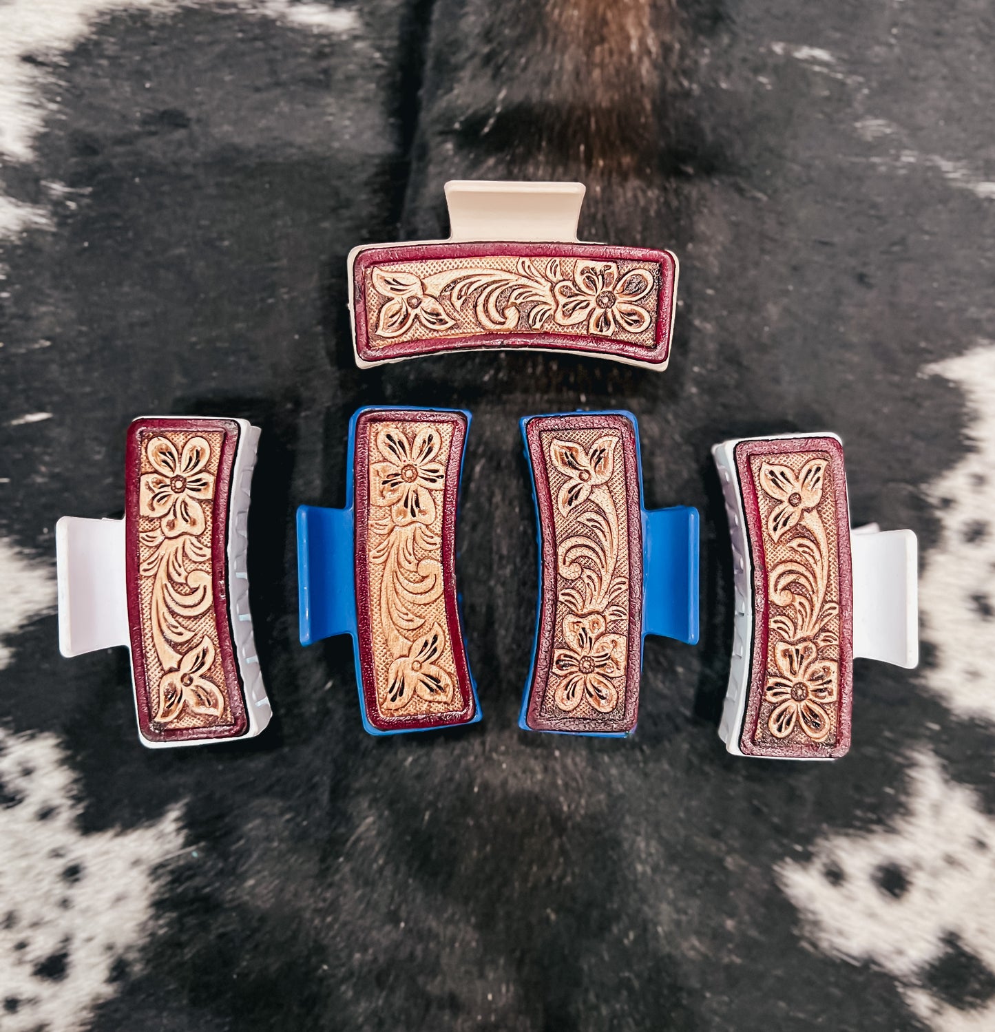 Floral Tooled Leather Claw Clip