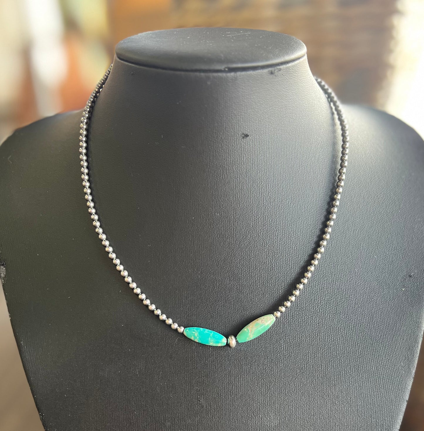 15 inch Sterling Silver Pearls & Torpedo Turquoise Necklace