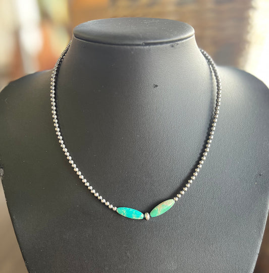 15 inch Sterling Silver Pearls & Torpedo Turquoise Necklace