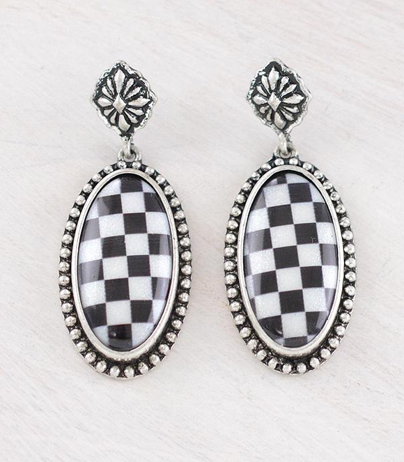 Checkered Oval Dangle Earrings