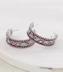 Pink Rhinestone Tooling Hoop Earrings