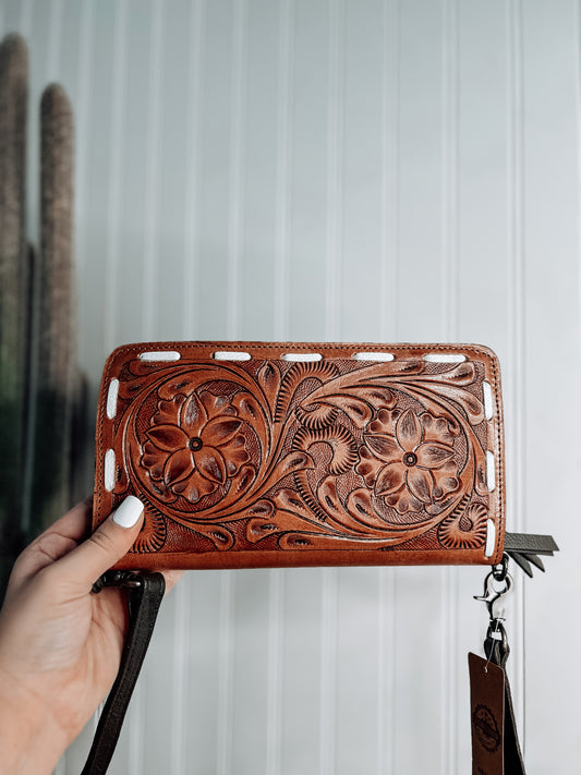 Tooled Wallet with Crossbody Strap
