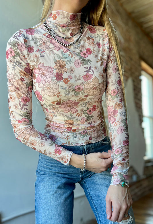 Clay Rose Floral Mesh Long Sleeve