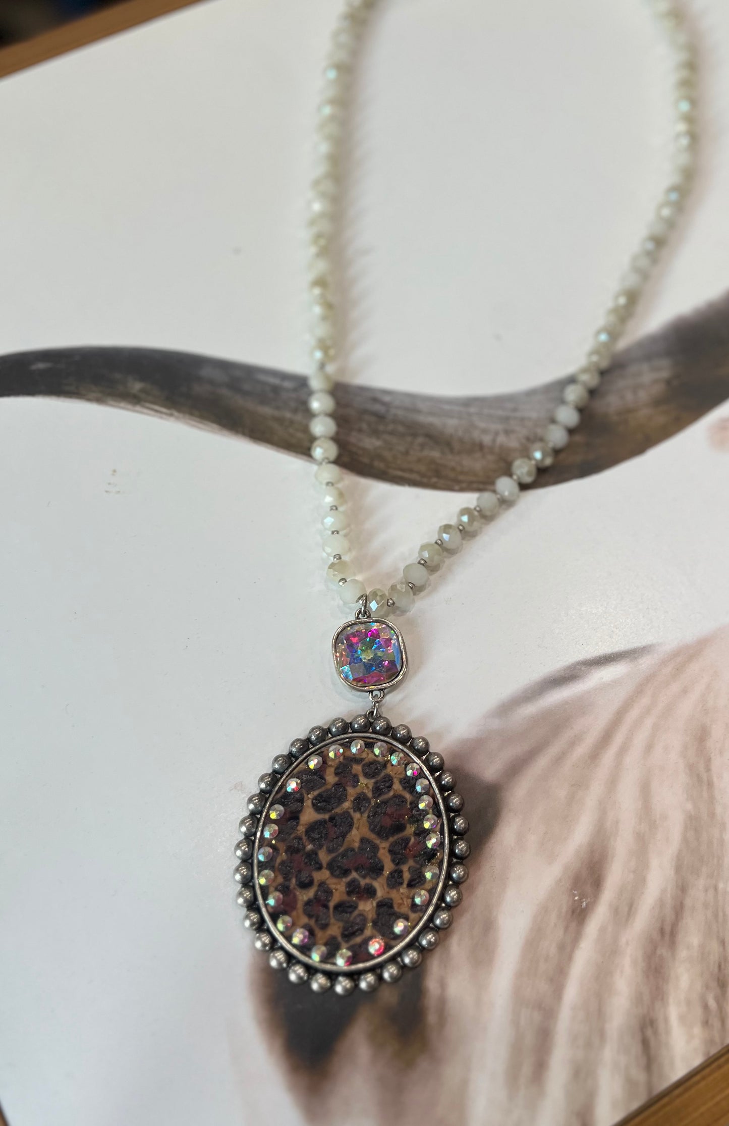 Leopard Pendant Glass Bead Necklace