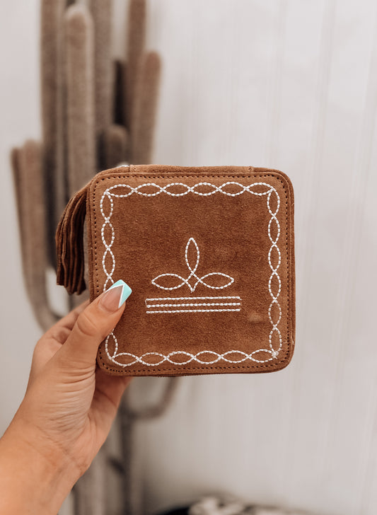 Tan Boot Stitch Square Jewelry Box
