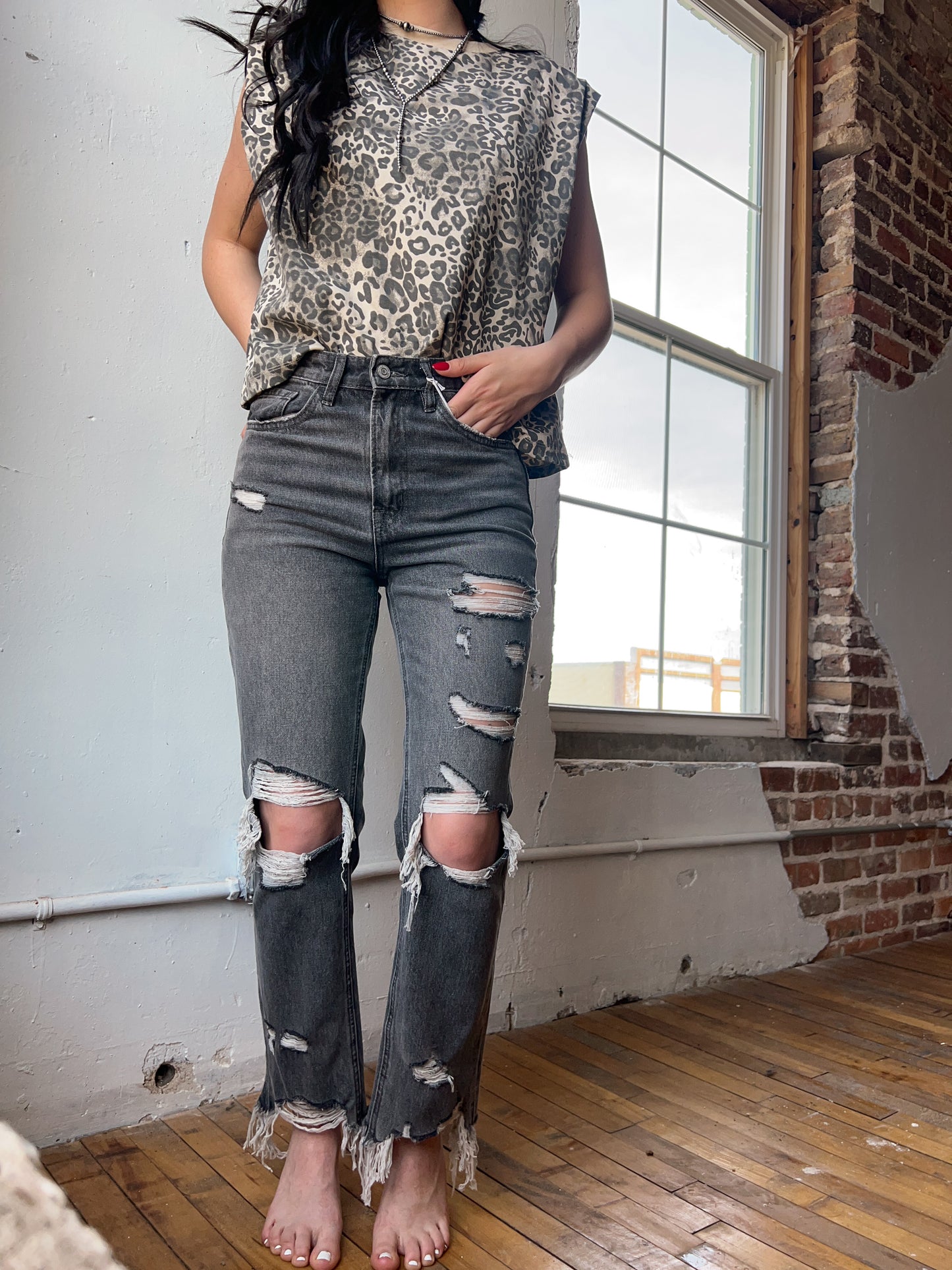 Grey Distressed Super High Rise Straight Ankle