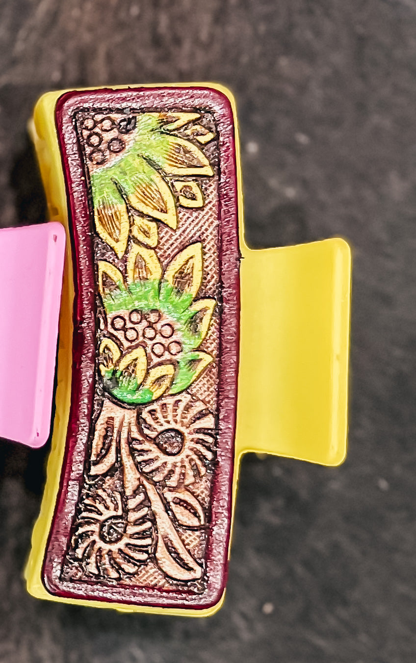 Sunflower Tooled Leather Claw Clip