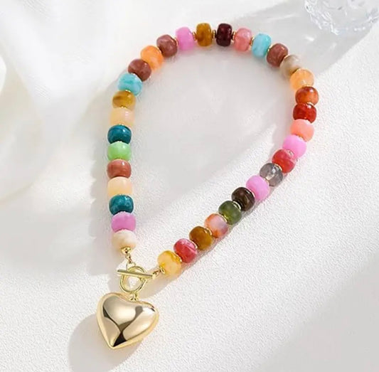 Multi Beaded Heart Charm Toggle Necklace
