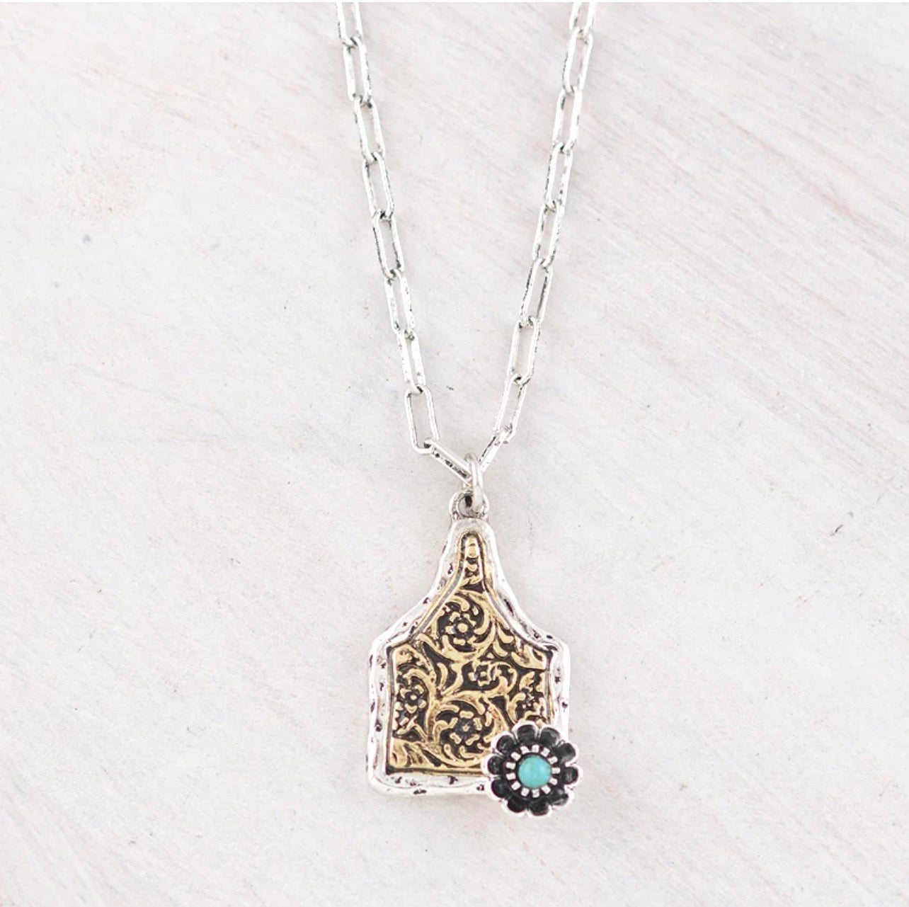 Floral Tooling Cowtag Necklace