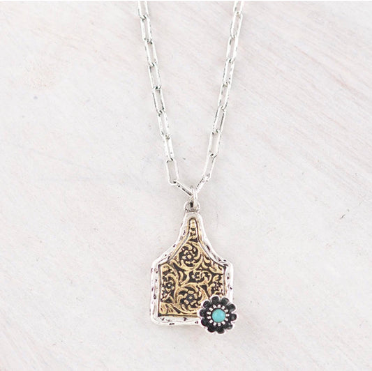Floral Tooling Cowtag Necklace