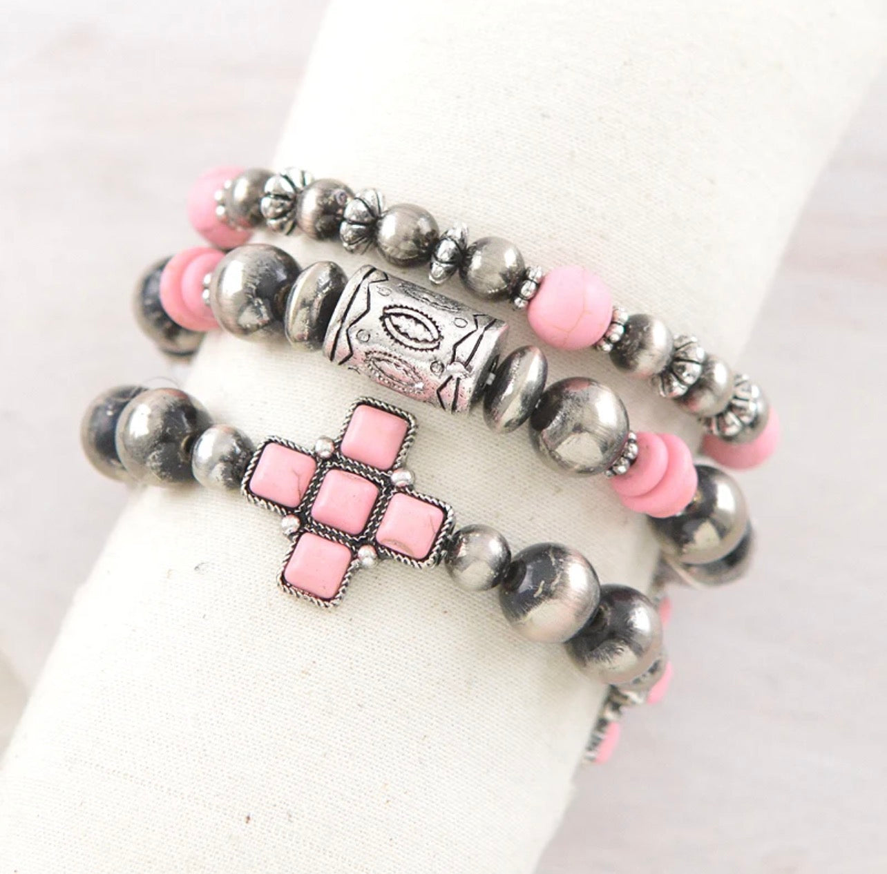 Cross Semi Stone & Barrel Navajo Bead Bracelet Set