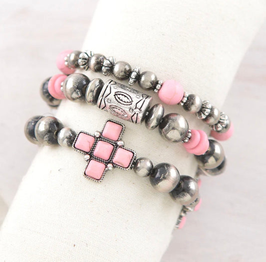 Cross Semi Stone & Barrel Navajo Bead Bracelet Set