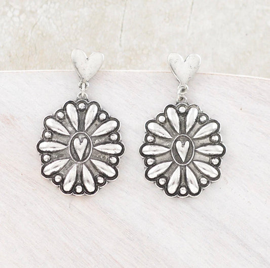 Heart Post Concho Dangle Earrings